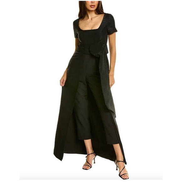 Kay Unger Black Olympia Metallic Jacquard Walk-Thru Jumpsuit & Dress 2 In 1 NWT